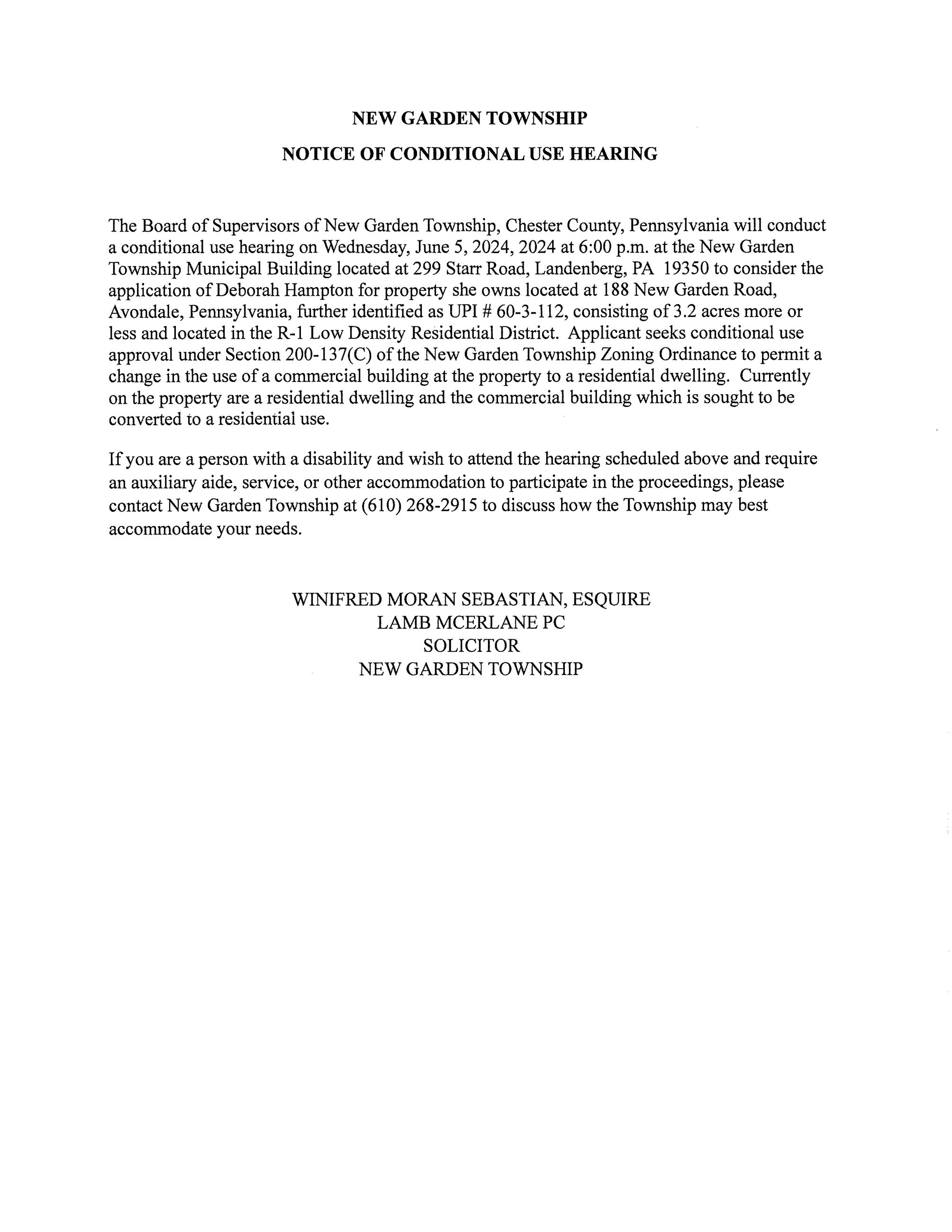 Conditional use Hearing- June 5th